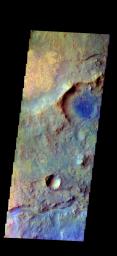 The THEMIS camera contains 5 filters. The data from different filters can be combined in multiple ways to create a false color image. This image from NASA's 2001 Mars Odyssey spacecraft shows part of Terra Sabaea.