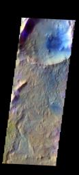 The THEMIS camera contains 5 filters. The data from different filters can be combined in multiple ways to create a false color image. This image from NASA's 2001 Mars Odyssey spacecraft shows the dunes on the floor of Dulovo Crater.