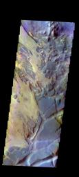The THEMIS camera contains 5 filters. The data from different filters can be combined in multiple ways to create a false color image. This image from NASA's 2001 Mars Odyssey spacecraft shows part of Aram Chaos.