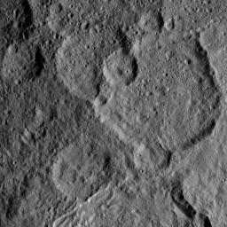 This view, taken on Oct. 21, 2016, from NASA's Dawn spacecraft shows Megwomets Crater on Ceres. Megwomets is the largest crater in this image, at right of center.