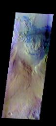 The THEMIS camera contains 5 filters. The data from different filters can be combined in multiple ways to create a false color image. This image from NASA's 2001 Mars Odyssey spacecraft shows part of the floor of Gale Crater.