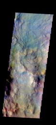 The THEMIS camera contains 5 filters. The data from different filters can be combined in multiple ways to create a false color image. This image from NASA's 2001 Mars Odyssey spacecraft shows the outer rim of Beruri Crater.