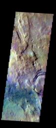 The THEMIS camera contains 5 filters. The data from different filters can be combined in multiple ways to create a false color image. This image from NASA's 2001 Mars Odyssey spacecraft shows plains in the northern part of Hellas Planitia.