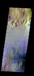The THEMIS camera contains 5 filters. The data from different filters can be combined in multiple ways to create a false color image. This image from NASA's 2001 Mars Odyssey spacecraft shows part of Gale Crater.