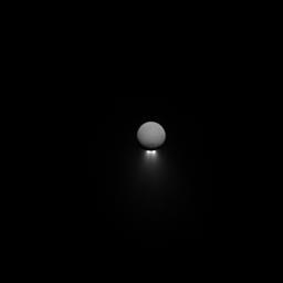 Enceladus' intriguing south-polar jets are viewed by NASA's Cassini spacecraft from afar, backlit by sunlight while the moon itself glows softly in reflected Saturn-shine.
