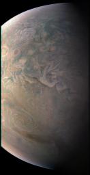 The JunoCam imager on NASA's Juno spacecraft snapped this shot of Jupiter's northern latitudes on Dec. 11, 2016 at 8:47 a.m. PST (11:47 a.m. EST), as the spacecraft performed a close flyby of the gas giant planet.