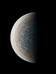 This enhanced-color image of Jupiter's south pole and its swirling atmosphere was created by citizen scientist Roman Tkachenko using data from the JunoCam imager on NASA's Juno spacecraft.