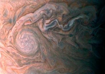 NASA's Juno spacecraft skimmed the upper wisps of Jupiter's atmosphere when JunoCam snapped this image on Feb. 2, 2017. from an altitude of about 9,000 miles (14,500 kilometers) above the giant planet's swirling cloudtops.