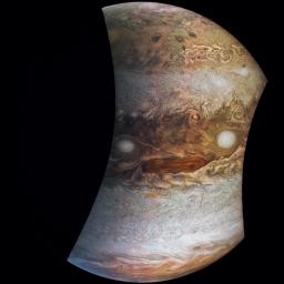 This view from NASA's Juno spacecraft, has been rotated 180 degrees and oriented from the south up, turning two white oval storms into 'eyeballs,' and revealing the 'face' of Jupiter.