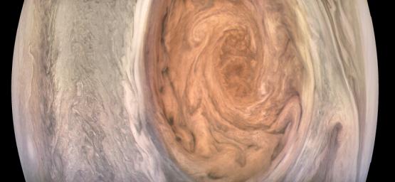This enhanced-color image of Jupiter's Great Red Spot was created by citizen scientist Kevin Gill using data from the JunoCam imager on NASA's Juno spacecraft.