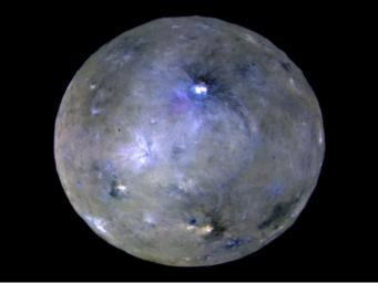 This enhanced color image of Ceres' surface was made from data obtained on April 29, 2017, when NASA's Dawn spacecraft was exactly between the sun and Ceres.