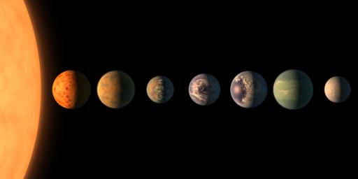 This artist's concept shows what the TRAPPIST-1 planetary system may look like, based on available data about the planets' diameters, masses and distances from the host star.