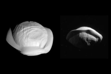 These two images from NASA's Cassini spacecraft show how the spacecraft's perspective changed as it passed within 15,300 miles (24,600 kilometers) of Saturn's moon Pan on March 7, 2017, Cassini's closest encounter.