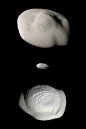 This montage of views from NASA's Cassini spacecraft shows three of Saturn's small ring moons: Atlas (top), Daphnis (middle) and Pan (bottom) at the same scale for ease of comparison.