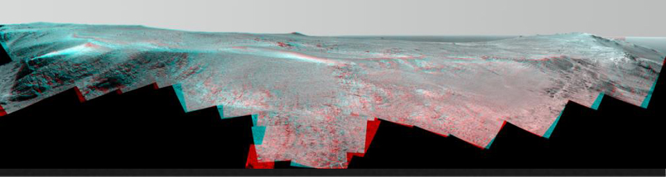 A ridge called 'Rocheport' on the western rim of Mars' Endeavour Crater spans this stereo scene from the Pancam on NASA's Mars Exploration Rover Opportunity.