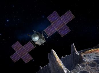 This artist's-concept illustration depicts the spacecraft of NASA's Psyche mission near the mission's target, the metal asteroid Psyche. The artwork was created in May 2017 to show the five-panel solar arrays planned for the spacecraft.