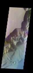 The THEMIS camera contains 5 filters. Data from different filters can be combined in multiple ways to create a false color image. This image from NASA's 2001 Mars Odyssey spacecraft shows part of Ganges Chasma.