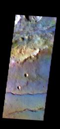 The THEMIS camera contains 5 filters. The data from different filters can be combined in multiple ways to create a false color image. This image from NASA's 2001 Mars Odyssey spacecraft shows part of Sirenum Fossae.