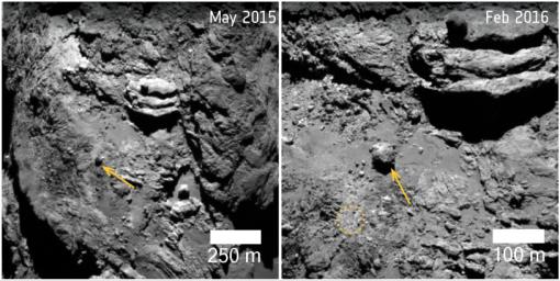 A 100 foot-wide, 28-million-pound boulder, was found to have moved 460 feet on comet 67P/Churyumov-Gerasimenko in the lead up to perihelion in August 2015, when the comet's activity was at its highest.