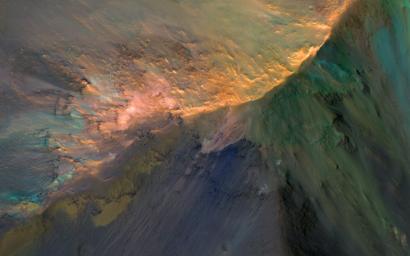 This image captured by NASA's Mars Reconnaissance Orbiter shows Juventae Chasma, located north of the main Valles Marineris canyon system. The floor of the canyon is covered by a sea of sand, but the hills rise above the sand.