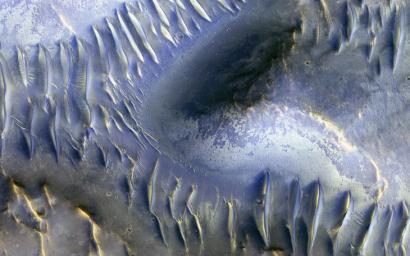 The mound in the center of this image appears to have blocked the path of the dunes as they marched south across the scene. North is to the left in this image from NASA's Mars Reconnaissance Orbiter.