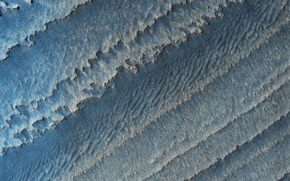 This image shows a layered deposit in Galle Crater, located in the Southern cratered highlands, as seen by NASA's Mars Reconnaissance Orbiter.