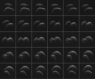 This composite of 30 images of asteroid 2014 JO25 was generated with radar data collected using NASA's Goldstone Solar System Radar in California's Mojave Desert.
