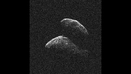 This frame from a movie of asteroid 2014 JO25 was generated using radar data collected by NASA's 230-foot-wide (70-meter) Deep Space Network antenna at Goldstone, California on April 19, 2017.