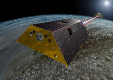 This artist's rendering shows the twin spacecraft of the Gravity Recovery and Climate Experiment Follow-On (GRACE-FO) mission, a partnership between NASA and the German Research Centre for Geosciences (GFZ).
