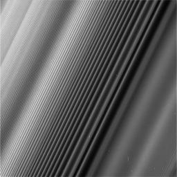 This view from NASA's Cassini spacecraft shows a wave structure in Saturn's rings known as the Janus 2:1 spiral density wave.
