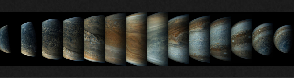 This sequence of enhanced-color images shows how quickly the viewing geometry changes for NASA's Juno spacecraft as it swoops by Jupiter. The images were obtained by JunoCam.