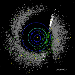 This frame from an animation shows NASA's NEOWISE's third year of survey data with the spacecraft discovering 97 previously unknown celestial objects in the last year.