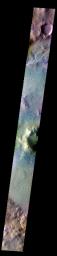 The THEMIS camera contains 5 filters. The data from different filters can be combined in multiple ways to create a false color image. This image from NASA's 2001 Mars Odyssey spacecraft shows part of the floor of Lohse Crater in Noachis Terra.