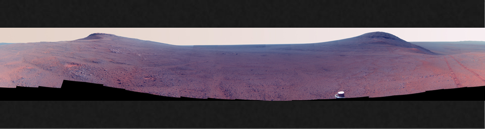 This color-enhanced June 2017 view from the Pancam on NASA's Opportunity Mars rover shows the area just above 'Perseverance Valley' on the western rim of Endeavour Crater.