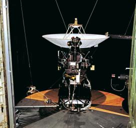 This archival photo shows NASA's Voyager proof test model, which did not fly in space, in the 25-foot space simulator chamber at NASA's Jet Propulsion Laboratory, Pasadena, California.