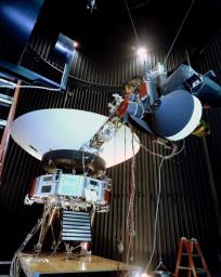 This archival photo shows NASA's Voyager proof test model, which did not fly in space, in the 25-foot space simulator chamber at NASA's Jet Propulsion Laboratory, Pasadena, California, on December 3, 1976.
