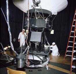 This archival photo shows NASA's Voyager proof test model, which did not fly in space, in the 25-foot space simulator chamber at NASA's Jet Propulsion Laboratory on December 3, 1976.
