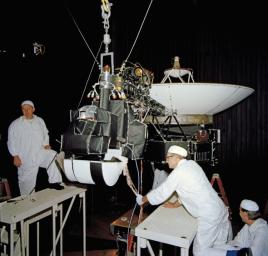 This image shows one of NASA's Voyagers in the 25-foot space simulator chamber at NASA's Jet Propulsion Laboratory, Pasadena, California. The photo is dated April 27, 1977.