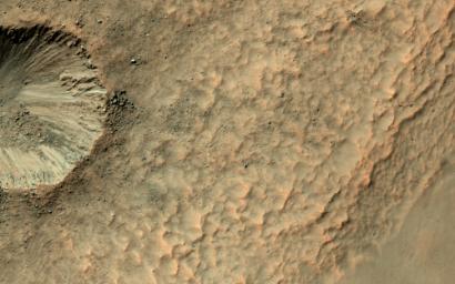 NASA's Mars Reconnaissance Orbiter (MRO) observes a small impact has occurred on the sloping wall of a larger crater and is well-preserved. Dark, blocky ejecta from the smaller crater has flowed downhill (to the west) toward the floor of the larger crater