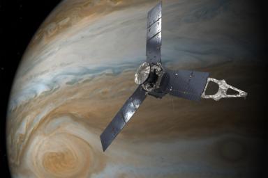 This illustration depicts NASA's Juno spacecraft in orbit above Jupiter's Great Red Spot.