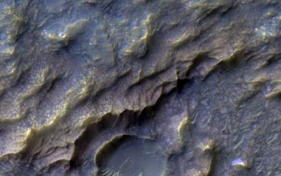In this image from NASA's Mars Reconnaissance Orbiter, the pinkish, almost dragon-like scaled texture represents Martian bedrock that has specifically altered into a clay-bearing rock.
