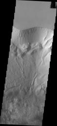 This image captured by NASA's 2001 Mars Odyssey spacecraft shows the north central cliff face of Hebes Chasma.