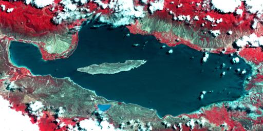 This image from NASA's Terra spacecraft shows Lake Enriquillo, a hypersaline lake in the Dominican Republic.