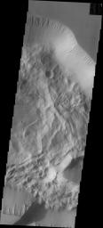 This image captured by NASA's 2001 Mars Odyssey spacecraft shows the eastern portion of Hebes Chasma.