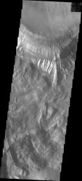 This image captured by NASA's 2001 Mars Odyssey spacecraft shows the side of the large mesa at the top of the image and the southern canyon cliff face at the bottom.