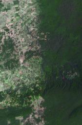 The border between Belize (right) and Guatemala (left) illustrates striking differences between near-pristine forests in Belize and agriculture fields in Guatemala. This image from NASA's Terra spacecraft was acquired May 10, 2016.