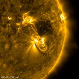 NASA's Solar Dynamics Observatory observed a medium-sized flare, lasting almost two hours, and a coronal mass ejection erupting from the same, large active region on July 14, 2017.