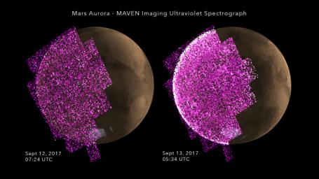 These images show the sudden appearance of a bright aurora on Mars during a solar storm in September 2017. The purple-white color scheme shows the intensity of ultraviolet light seen on Mars' night side before (left) and during (right) the event.