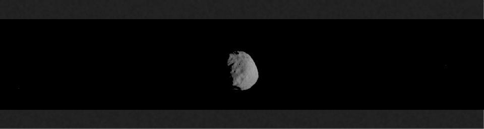 This frame from an animation was taken in visible-wavelength light as the THEMIS camera on NASA's Mars Odyssey scanned across the Martian moon Phobos on Sept. 29, 2017.