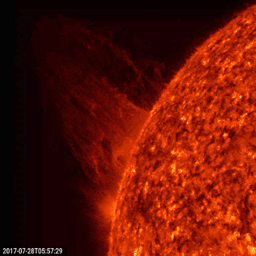 NASA's Solar Dynamics Observatory observed a sheet of plasma blasted out into space from just behind the edge of the sun on July 28, 2017.